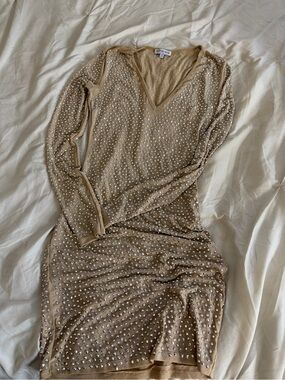 Fashion Nova Tan Studded V-Neck Long Sleeve Dress